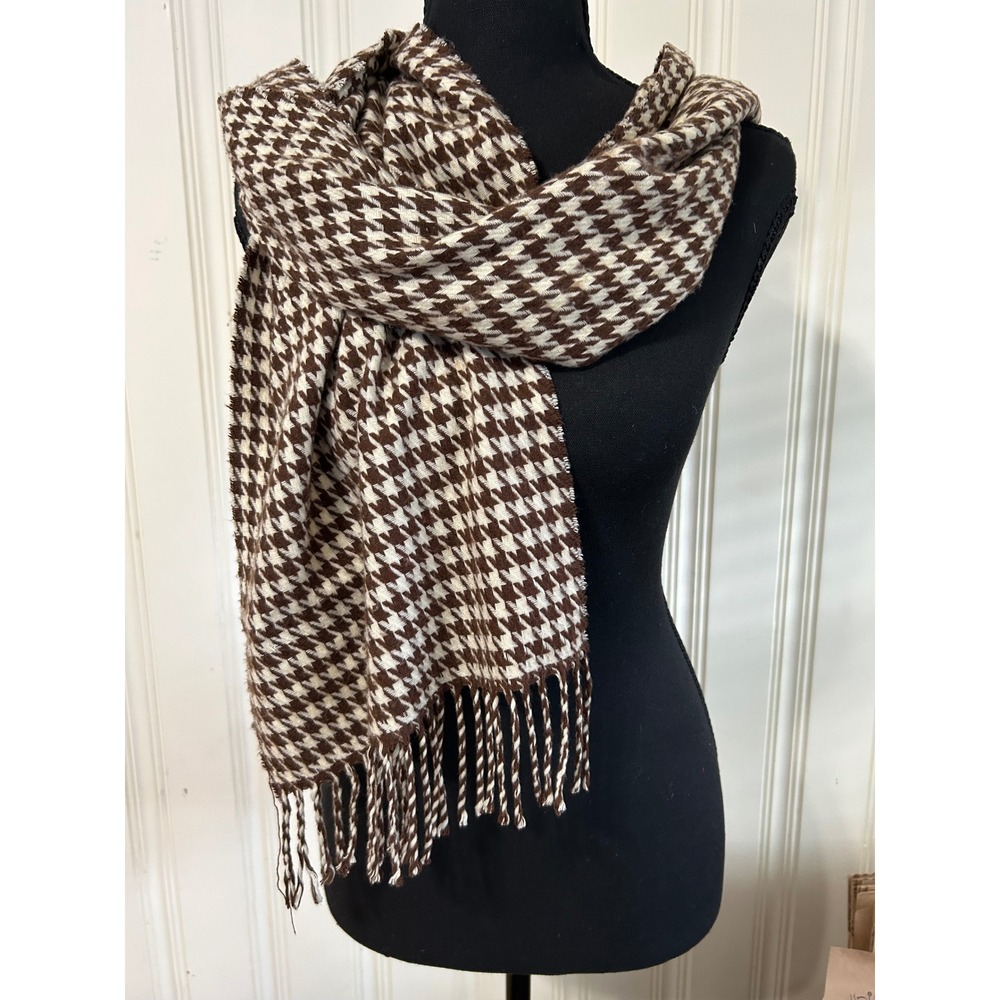 Italy Design Brown White Houndstooth Cashmere Blend Fringe Scarf Wrap Old Money